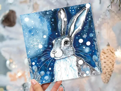 Blue Watercolour Winter Hare Card - View 9