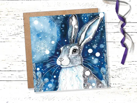 Blue Watercolour Winter Hare Card - View 2