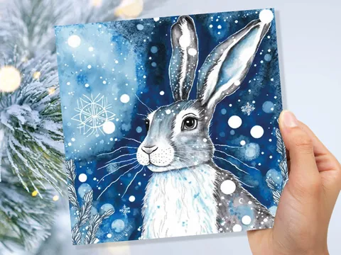 Blue Watercolour Winter Hare Card - View 7