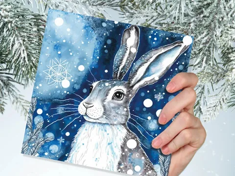 Blue Watercolour Winter Hare Card