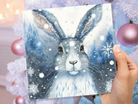 Winter Hare Card – Blue Snowflakes - View 7