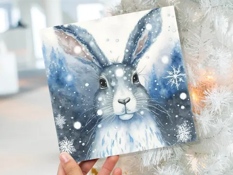 Winter Hare Card – Blue Snowflakes - View 9