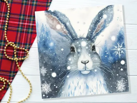 Winter Hare Card – Blue Snowflakes - View 5