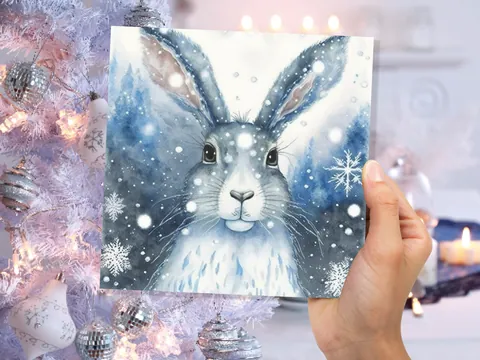Winter Hare Card – Blue Snowflakes - View 3