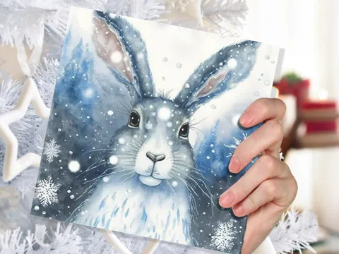 Winter Hare Card – Blue Snowflakes - View 6