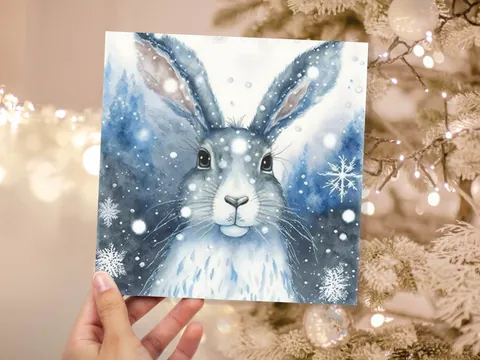 Winter Hare Card – Blue Snowflakes - View 2