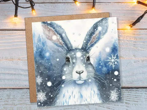 Winter Hare Card – Blue Snowflakes