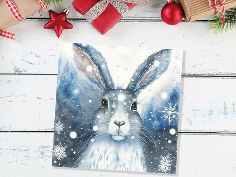 Winter Hare Card – Blue Snowflakes - View 8