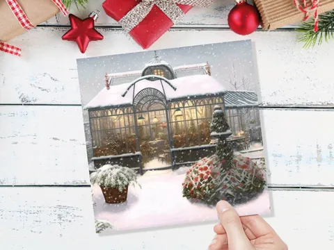 Snowy Greenhouse Card Winter Garden Gardeners Victorian Mansion Painting Unique Whimsical Greetings For Family Friends Xmas 2026 Thank You - View 8