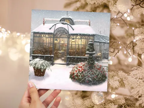 Snowy Greenhouse Card Winter Garden Gardeners Victorian Mansion Painting Unique Whimsical Greetings For Family Friends Xmas 2026 Thank You - View 2