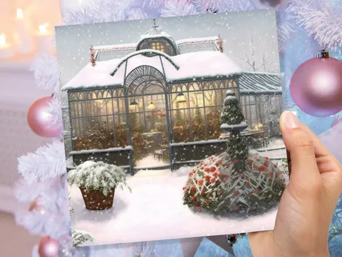 Snowy Greenhouse Card Winter Garden Gardeners Victorian Mansion Painting Unique Whimsical Greetings For Family Friends Xmas 2026 Thank You - View 7