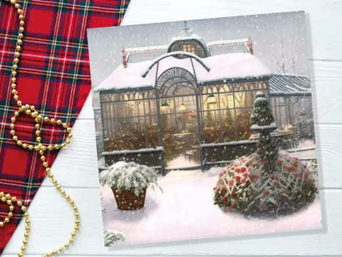 Snowy Greenhouse Card Winter Garden Gardeners Victorian Mansion Painting Unique Whimsical Greetings For Family Friends Xmas 2026 Thank You - View 5