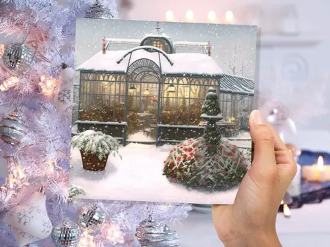 Snowy Greenhouse Card Winter Garden Gardeners Victorian Mansion Painting Unique Whimsical Greetings For Family Friends Xmas 2026 Thank You - View 3