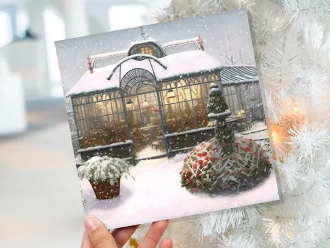 Snowy Greenhouse Card Winter Garden Gardeners Victorian Mansion Painting Unique Whimsical Greetings For Family Friends Xmas 2026 Thank You - View 9