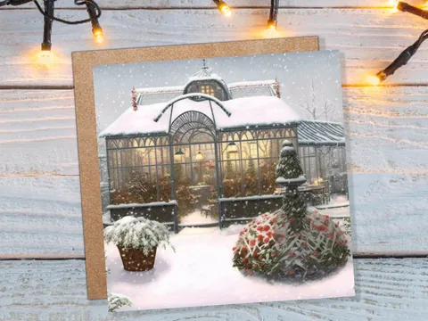 Snowy Greenhouse Card Winter Garden Gardeners Victorian Mansion Painting Unique Whimsical Greetings For Family Friends Xmas 2026 Thank You