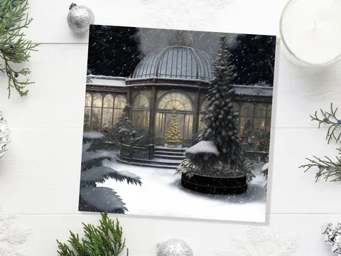 Winter Garden Card Greenhouse Orangery Gardeners Snow Victorian Mansion Country House Greetings Cards For Family Friends Xmas 2026 Thank You - View 3