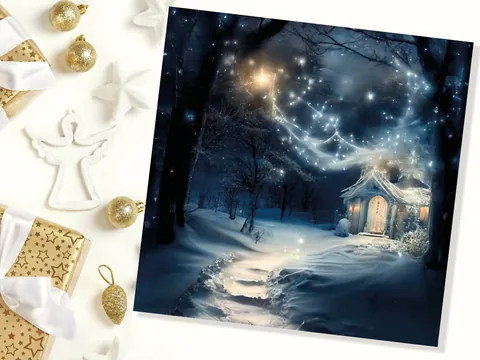 Magical Winter Christmas Card with Cosy Fairy Lights Snow Blue Whimsical Woodland Cottage Path Greetings Cards For Family Friends Xmas 2026 - View 5