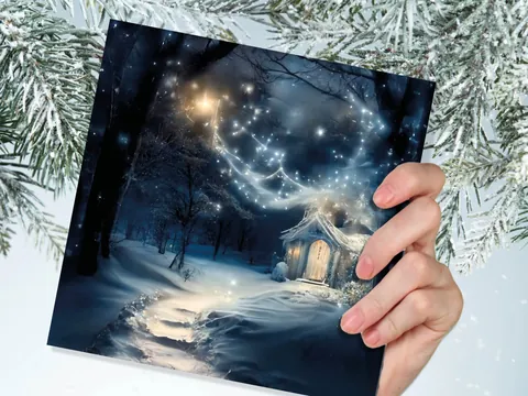 Magical Winter Christmas Card with Cosy Fairy Lights Snow Blue Whimsical Woodland Cottage Path Greetings Cards For Family Friends Xmas 2026 - View 4