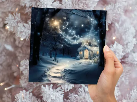 Magical Winter Christmas Card with Cosy Fairy Lights Snow Blue Whimsical Woodland Cottage Path Greetings Cards For Family Friends Xmas 2026 - View 7