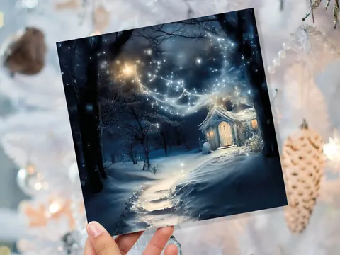 Magical Winter Christmas Card with Cosy Fairy Lights Snow Blue Whimsical Woodland Cottage Path Greetings Cards For Family Friends Xmas 2026