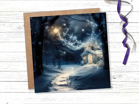 Magical Winter Christmas Card with Cosy Fairy Lights Snow Blue Whimsical Woodland Cottage Path Greetings Cards For Family Friends Xmas 2026 - View 9