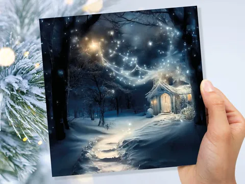 Magical Winter Christmas Card with Cosy Fairy Lights Snow Blue Whimsical Woodland Cottage Path Greetings Cards For Family Friends Xmas 2026 - View 3