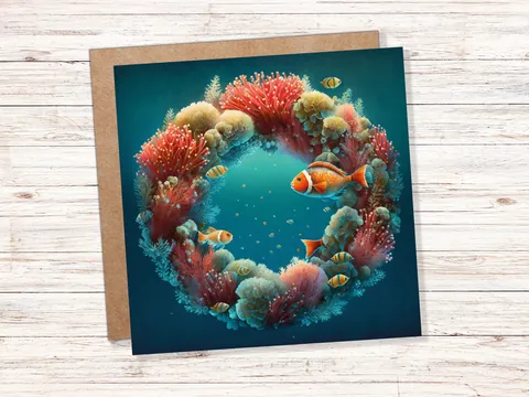 Coral Christmas Card Funny Ocean Reef Festive Wreath Pun with Seaweed Sea Sponges Teal Orange Greetings Cards For Family Friends Xmas 2026 - View 10