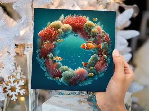 Coral Christmas Card Funny Ocean Reef Festive Wreath Pun with Seaweed Sea Sponges Teal Orange Greetings Cards For Family Friends Xmas 2026 - View 8