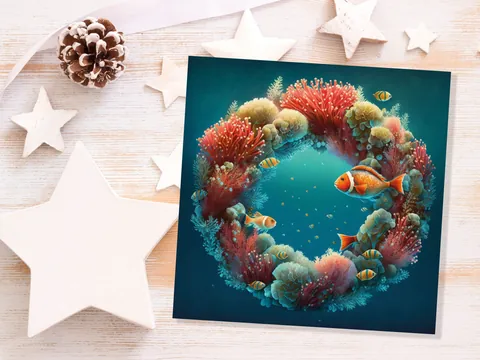 Coral Christmas Card Funny Ocean Reef Festive Wreath Pun with Seaweed Sea Sponges Teal Orange Greetings Cards For Family Friends Xmas 2026 - View 4