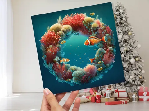 Coral Christmas Card Funny Ocean Reef Festive Wreath Pun with Seaweed Sea Sponges Teal Orange Greetings Cards For Family Friends Xmas 2026 - View 2