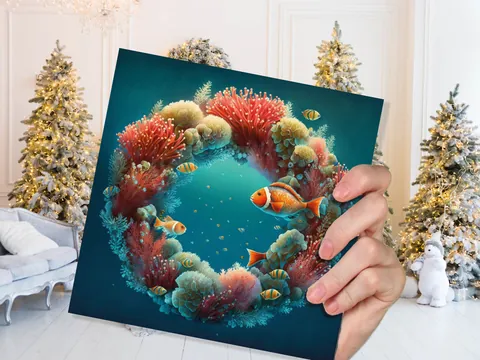 Coral Christmas Card Funny Ocean Reef Festive Wreath Pun with Seaweed Sea Sponges Teal Orange Greetings Cards For Family Friends Xmas 2026 - View 6