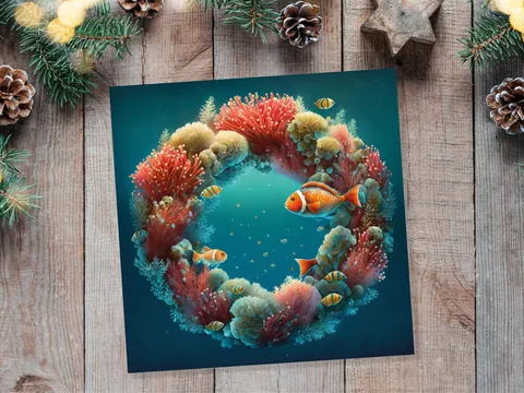 Coral Christmas Card Funny Ocean Reef Festive Wreath Pun with Seaweed Sea Sponges Teal Orange Greetings Cards For Family Friends Xmas 2026 - View 5
