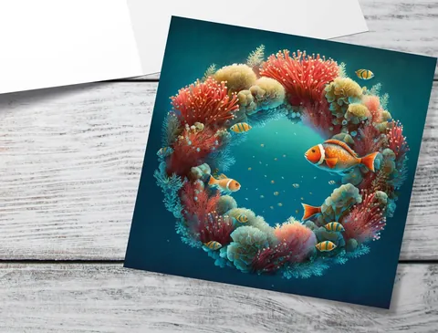 Coral Christmas Card Funny Ocean Reef Festive Wreath Pun with Seaweed Sea Sponges Teal Orange Greetings Cards For Family Friends Xmas 2026 - View 3