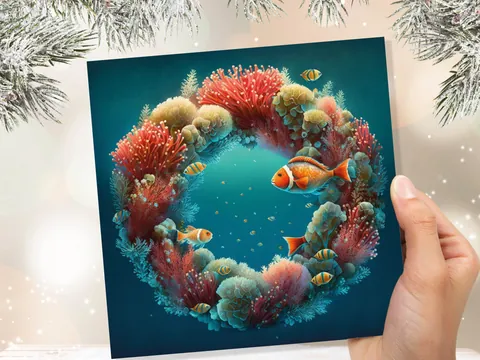 Coral Christmas Card Funny Ocean Reef Festive Wreath Pun with Seaweed Sea Sponges Teal Orange Greetings Cards For Family Friends Xmas 2026