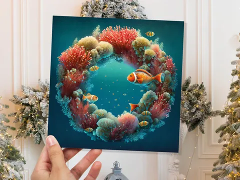 Coral Christmas Card Funny Ocean Reef Festive Wreath Pun with Seaweed Sea Sponges Teal Orange Greetings Cards For Family Friends Xmas 2026 - View 9