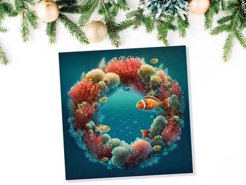 Coral Christmas Card Funny Ocean Reef Festive Wreath Pun with Seaweed Sea Sponges Teal Orange Greetings Cards For Family Friends Xmas 2026 - View 7