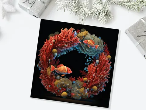 Ocean Coral Christmas Card Funny Reef Festive Wreath Pun with Sea Sponges Seaweed Black Orange Greetings Cards For Family Friends Xmas 2026 - View 7