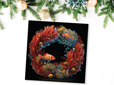 Ocean Coral Christmas Card Funny Reef Festive Wreath Pun with Sea Sponges Seaweed Black Orange Greetings Cards For Family Friends Xmas 2026 - View 4