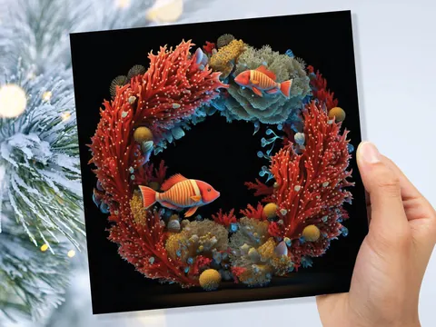 Ocean Coral Christmas Card Funny Reef Festive Wreath Pun with Sea Sponges Seaweed Black Orange Greetings Cards For Family Friends Xmas 2026 - View 2