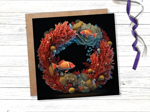Ocean Coral Christmas Card Funny Reef Festive Wreath Pun with Sea Sponges Seaweed Black Orange Greetings Cards For Family Friends Xmas 2026 - View 10