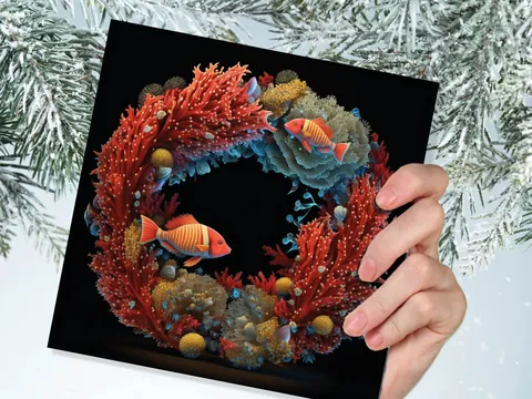 Ocean Coral Christmas Card Funny Reef Festive Wreath Pun with Sea Sponges Seaweed Black Orange Greetings Cards For Family Friends Xmas 2026 - View 5