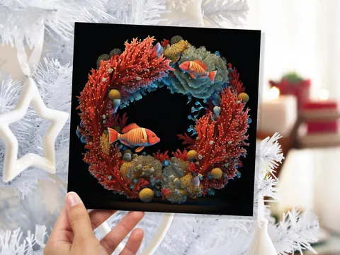 Ocean Coral Christmas Card Funny Reef Festive Wreath Pun with Sea Sponges Seaweed Black Orange Greetings Cards For Family Friends Xmas 2026 - View 9