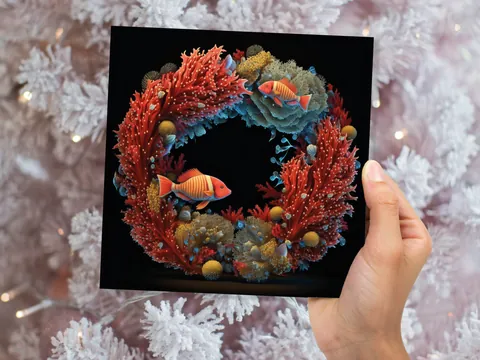 Ocean Coral Christmas Card Funny Reef Festive Wreath Pun with Sea Sponges Seaweed Black Orange Greetings Cards For Family Friends Xmas 2026 - View 8