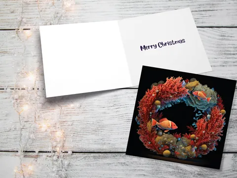 Ocean Coral Christmas Card Funny Reef Festive Wreath Pun with Sea Sponges Seaweed Black Orange Greetings Cards For Family Friends Xmas 2026 - View 3