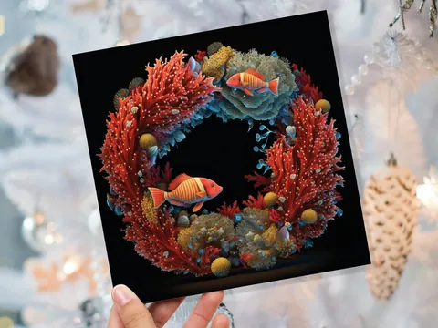 Ocean Coral Christmas Card Funny Reef Festive Wreath Pun with Sea Sponges Seaweed Black Orange Greetings Cards For Family Friends Xmas 2026