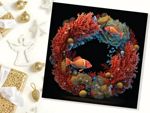 Ocean Coral Christmas Card Funny Reef Festive Wreath Pun with Sea Sponges Seaweed Black Orange Greetings Cards For Family Friends Xmas 2026 - View 6