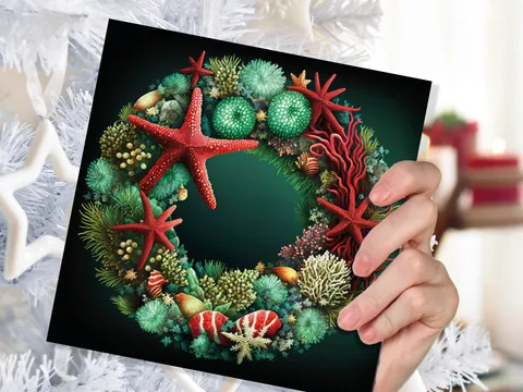 Coral Reef Christmas Card Funny Festive Wreath Pun Starfish Seaweed Sea Life Urchins Red Green Greetings Cards For Family Friends Xmas 2026 - View 6