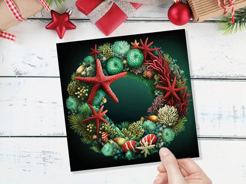 Coral Reef Christmas Card Funny Festive Wreath Pun Starfish Seaweed Sea Life Urchins Red Green Greetings Cards For Family Friends Xmas 2026 - View 4