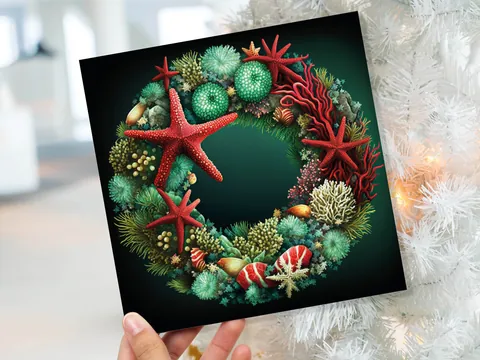 Coral Reef Christmas Card Funny Festive Wreath Pun Starfish Seaweed Sea Life Urchins Red Green Greetings Cards For Family Friends Xmas 2026 - View 3