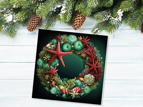 Coral Reef Christmas Card Funny Festive Wreath Pun Starfish Seaweed Sea Life Urchins Red Green Greetings Cards For Family Friends Xmas 2026 - View 7